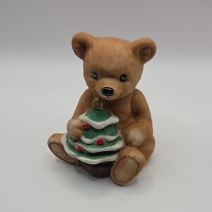 Christmas Homco Bear Charming Tan Bear with Green Christmas Tree Figurine